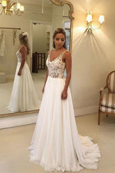 A-line Open Back V-neck Lace Chiffon Beach Wedding Dress