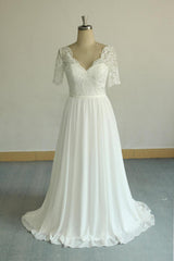 Affordable Halfsleeves V-neck Chiffon Wedding Dress | White A-line Ruffles Bridal Gowns