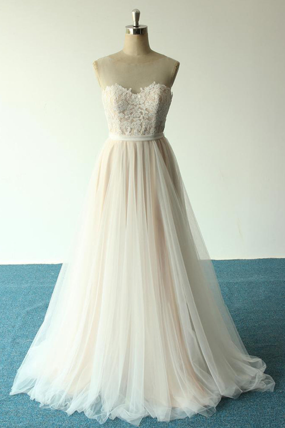 Affordable Jewel Sleeveless A-line Wedding Dress | Tulle Lace Bridal Gowns