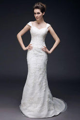 Affordable Mermaid Off Shoulder Wedding Dress Organza Short Sleeve Bridal Gowns with Sweep Train