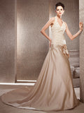 Affordable Princess A-Line Wedding Dress V-neck Lace Satin Sleeveless Bridal Gowns in Color with Chapel Train