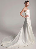 Affordable Sheath Strapless Wedding Dress Satin Sleeveless Bridal Gowns with Court Train