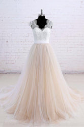 Affordable Shortsleeves Straps V-neck Wedding Dress | Tulle Ruffles Bridal Gowns
