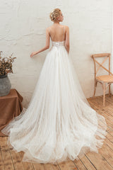 Affordable Tulle V-Neck Long Wedding Dress with Appliques