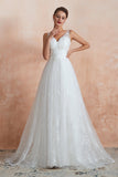 Affordable V-Neck Tulle Lace Long White Wedding Dress