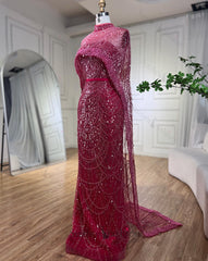 Amazing Fuchsia Mermaid Prom Dress Beadings Pearls With Cape