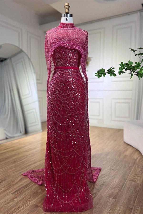 Amazing Fuchsia Mermaid Prom Dress Beadings Pearls with Cape Amazing Fuchsia Mermaid Prom Dress Beadings Pearls with Cape
