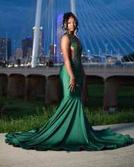 Amazing Long Dark Green Mermaid Sleeveless Beading Prom Dresses With Lace