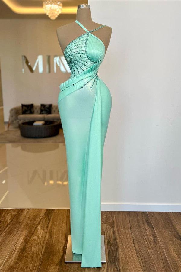 Amazing Mint Green Prom Dress Halter Sleeveless Ruffled Evening Formal Dress With Sequins