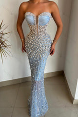 Amazing Sky Blue Sweetheart Pearls Prom Dress Mermaid With Beads