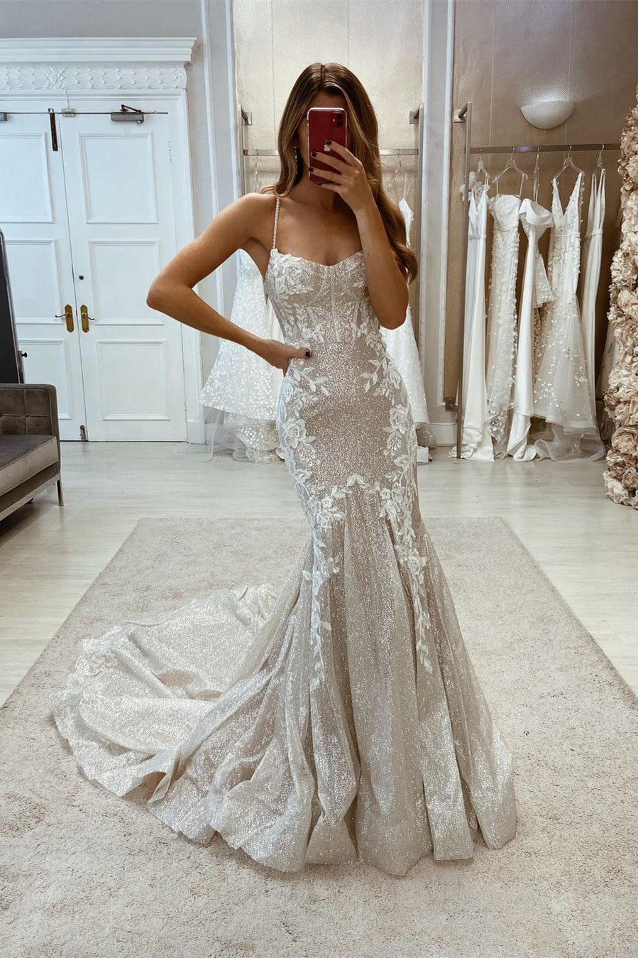 Amazing Spaghetti-Straps Mermaid Sleeveless Glitter Bridal Dresses Long On Sale