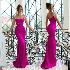 Amazing Sparkle Beaded Straps Fuchsia Column Satin Floor length Evening Prom Dresses