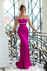 Amazing Sparkle Beaded Straps Fuchsia Column Satin Floor length Evening Prom Dresses