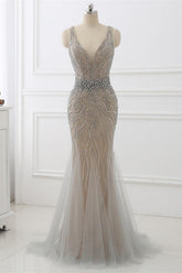 Amazing Tulle Sleeveless V Neck Evening Formal Dress Mermaid With Beading