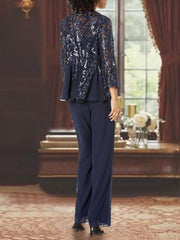 Ankle Length 3 Piece Chiffon Pantsuit With Square Neck And Applique For Mother Of The Bride
