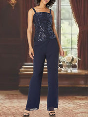 Ankle Length 3 Piece Chiffon Pantsuit With Square Neck And Applique For Mother Of The Bride