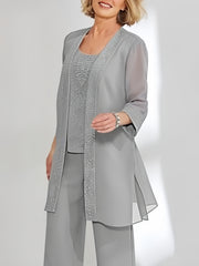 Ankle Length Chiffon Mother of the Bride Pantsuit with Jacket in Scoop Style