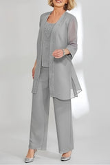 Ankle Length Chiffon Mother of the Bride Pantsuit with Jacket in Scoop Style