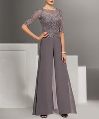 Ankle Length Mother of the Bride Chiffon Pantsuit with Lace and Jewel Neckline