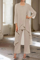 Ankle Length Mother of the Bride Pantsuits with Jacket in Chiffon Round Neck and 3/4 Sleeves