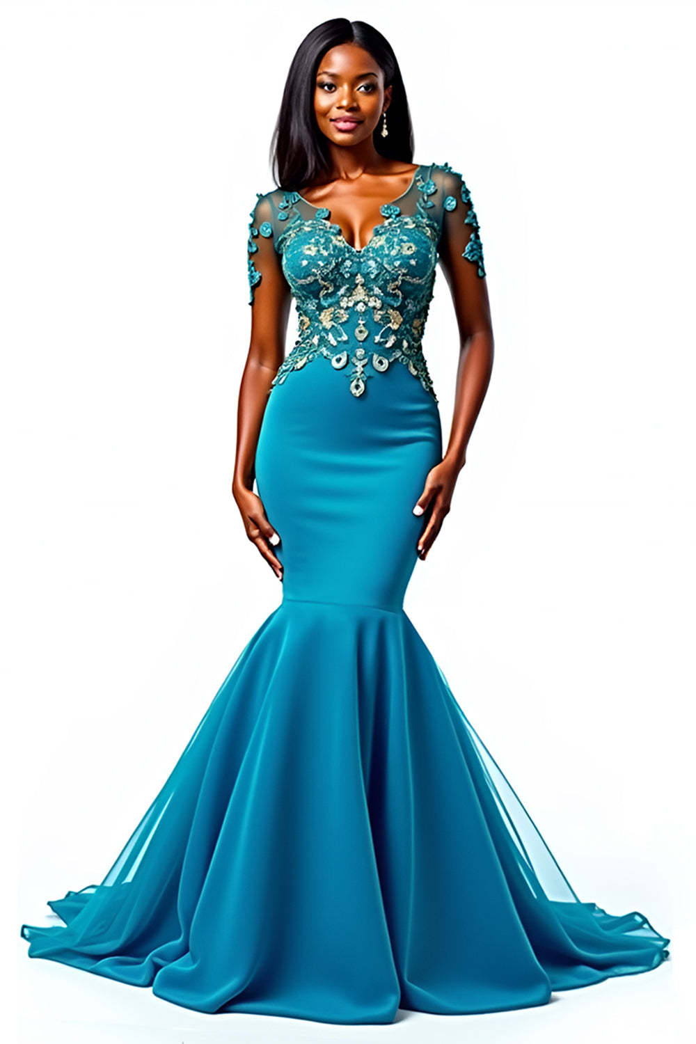 chinese dress ladies Suzhoufashion Appliqued Blue Wedding Guest Dress Mermaid Long Formal Dress with Short Sleeves