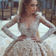 Appliques Ball-Gown Long-Sleeve Beadings Luxurious Wedding Dress