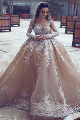 Appliques Ball-Gown Long-Sleeve Beadings Luxurious Wedding Dress
