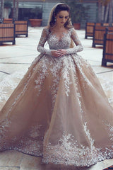 Appliques Ball-Gown Long-Sleeve Beadings Luxurious Wedding Dress