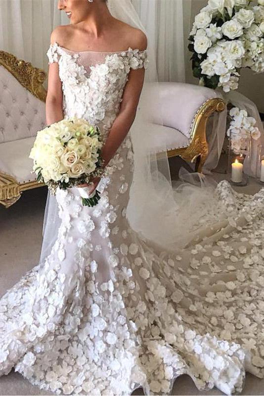 Appliques Mermaid Wedding Dresses | Off-the-Shoulder 3D-Flowers Bridal Gowns