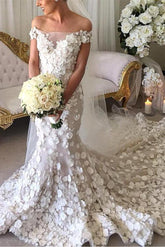 Appliques Mermaid Wedding Dresses | Off-the-Shoulder 3D-Flowers Bridal Gowns
