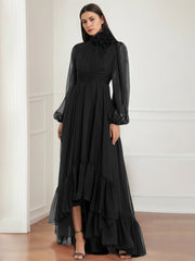 Asymmetrical A Line Jewel Neck Gown with Long Sleeves Ruffles & Floral Details
