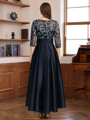 Asymmetrical Lace A Line Dress with 3/4 Sleeves Appliques & Bow Belt for Mother of the Bride or Groom