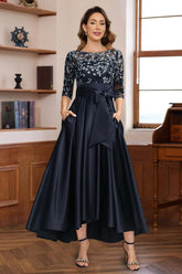 Asymmetrical Lace A Line Dress with 3/4 Sleeves Appliques & Bow Belt for Mother of the Bride or Groom