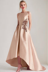 Asymmetrical Sleeveless A Line Mother of the Bride & Groom Dress with Appliques and Pocket