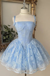Baby Blue Lace Corset Ball Gown Mini Homecoming Dress Bow Straps & Tulle Skirt