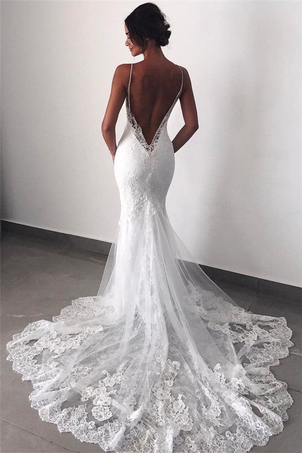 Backless Beach Wedding Dresses Lace Mermaid | Sexy Spaghetti Straps Bride Dress