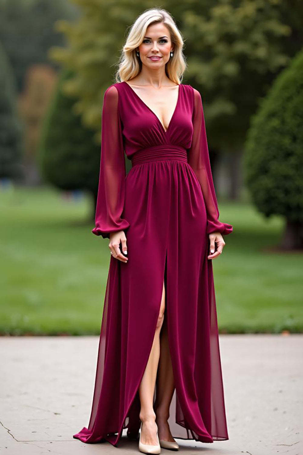Suzhoufashion Backless Long Burgundy Wedding Guest Dress V-Neck Chiffon Formal Dress With Slit Suzhoufashion Backless Long Burgundy Wedding Guest Dress V-Neck Chiffon Formal Dress With Slit