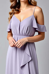 Backless Ruched Lilac V-Neck Long Formal Dress