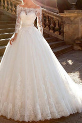 Ball Gown A-Line Wedding Dresses Off Shoulder Lace Tulle Long Sleeve Bridal Gowns Formal See-Through Court Train
