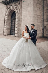 Ball Gown Lace Square Sleeveless White Wedding Dress Bridal Gown With Appliques