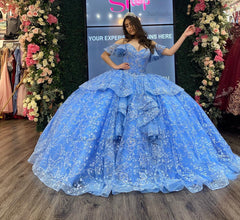 Ball Gown Off Shoulder Flower Lace Appliques Tiered Ruffles Beaded Blue Tulle Princess Quinceanera Dress Evening Party Gown For Sweet 16