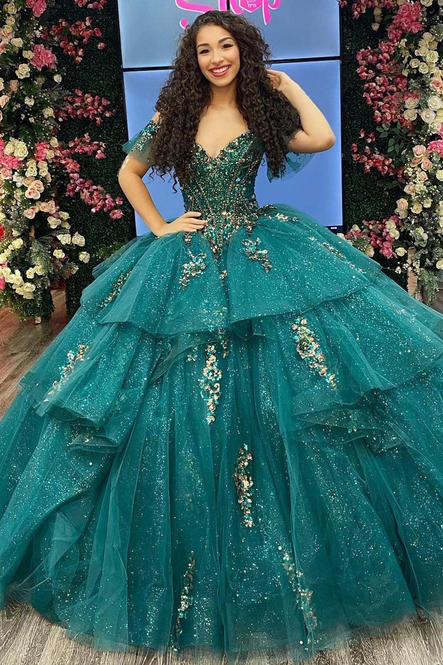 Ball Gown Off Shoulder Gold Appliques Beaded Tiered Ruffles Emerald Green Tulle Quinceanera Dress Formal Evening Party Gown for Sweet 16 2 / Emerald Ball Gown Off Shoulder Gold Appliques Beaded Tiered Ruffles Emerald Green Tulle Quinceanera Dress Formal Evening Party Gown for Sweet 16 2 / Emerald