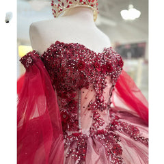 Ball Gown Off Shoulder Long Sleeves Beaded 3D Flower Lace Appliques Burgundy Tulle Princess Birthday Party Gown Quinceanera Dress For Sweet 16