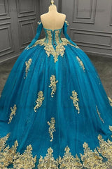 Ball Gown Off Shoulder Long Sleeves Beaded 3D Gold Appliques Lake Blue Tulle Quinceanera Dress Birthday Party Gown For Sweet 16