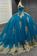 Ball Gown Off Shoulder Long Sleeves Beaded 3D Gold Appliques Lake Blue Tulle Quinceanera Dress Birthday Party Gown For Sweet 16