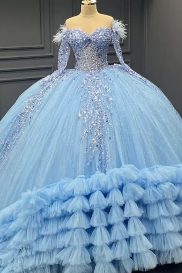 Ball Gown Off Shoulder Long Sleeves Fully Sequins Beaded Feather Ruffles Tiered Lace Up Sparkly Blue Tulle Quinceanera Dress Birthday Party Dress For