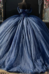 Ball Gown Off Shoulder Pleated Appliques Lace Up Navy Blue Tulle Quinceanera Dress Birthday Party Gown For Sweet 16