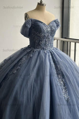 Ball Gown Off Shoulder Pleated Appliques Lace Up Navy Blue Tulle Quinceanera Dress Birthday Party Gown For Sweet 16