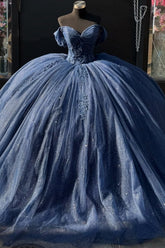 Ball Gown Off Shoulder Pleated Appliques Lace Up Navy Blue Tulle Quinceanera Dress Birthday Party Gown For Sweet 16