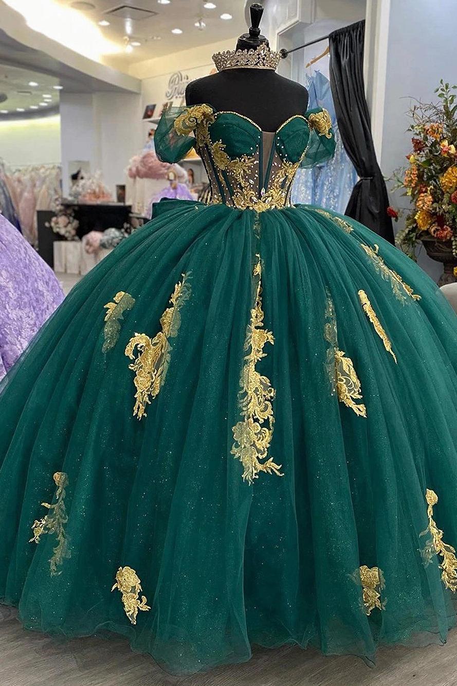 Ball Gown Off Shoulder Puffy Sleeves Flower Lace Appliques Emerald Green Tulle Princess Gown Quinceanera Dress For Sweet 16 Ball Gown Off Shoulder Puffy Sleeves Flower Lace Appliques Emerald Green Tulle Princess Gown Quinceanera Dress For Sweet 16